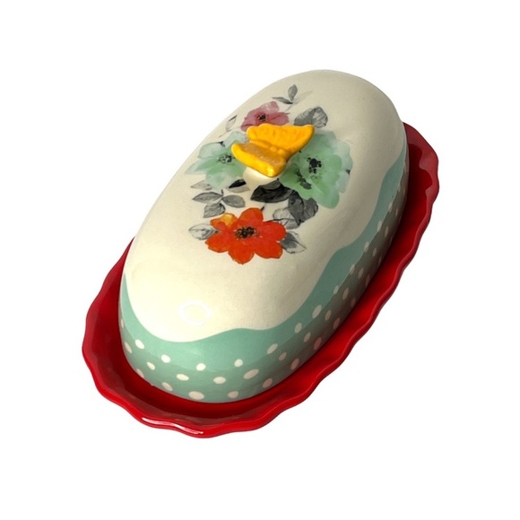 The Pioneer Woman Flea Market Butterfly Butter Dish Floral Red Yellow Stoneware - Picture 1 of 6